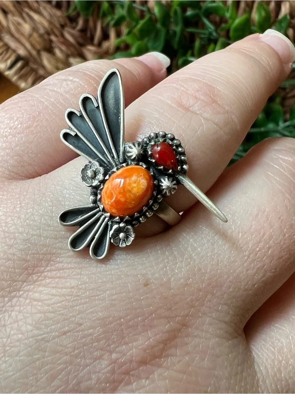 Sterling Silver Spiny Oyster Italian Red Coral Hummingbird Adjustable Ring